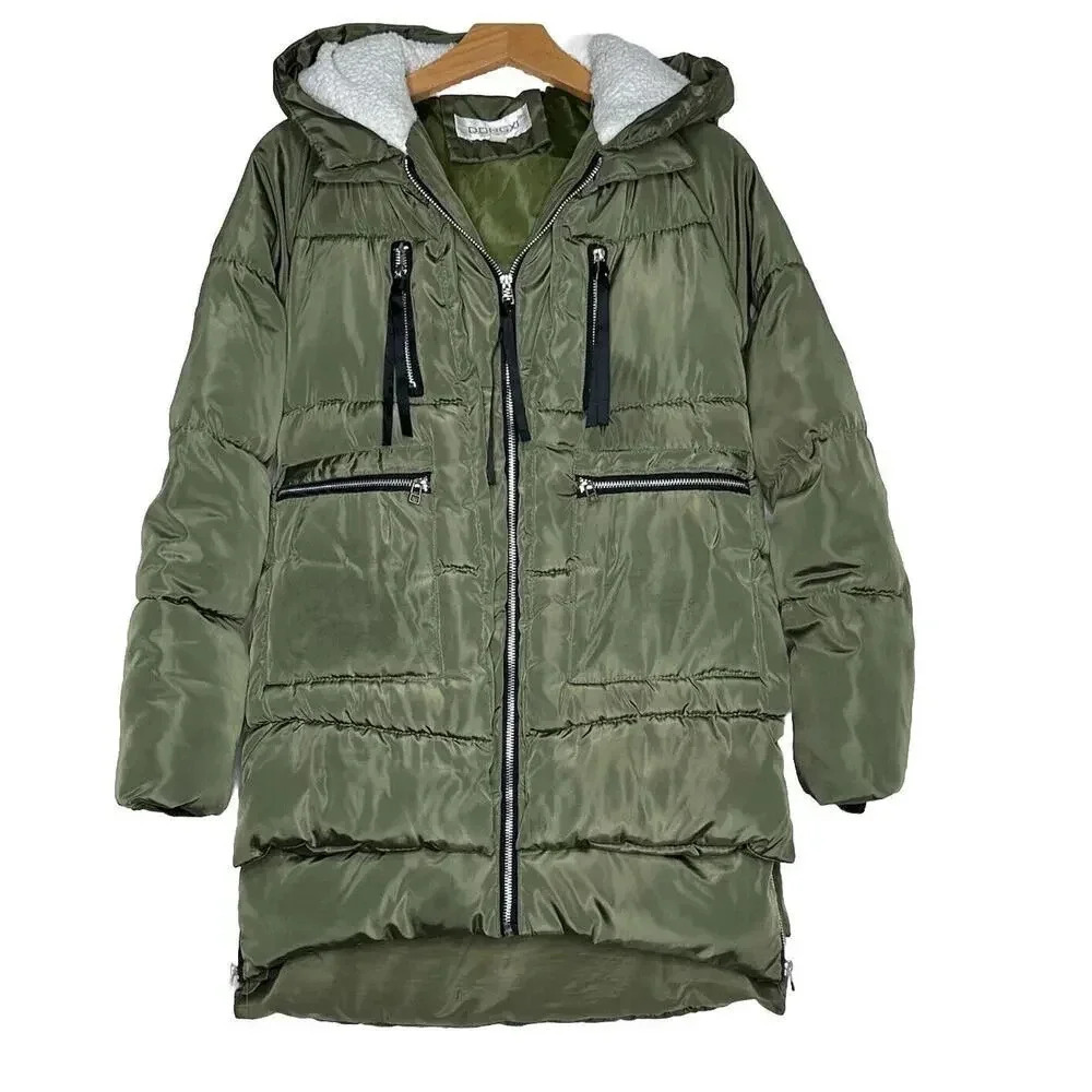 Dongxi Green Coat‎ w/ Cream Sherpa Lined Hood Women's Size Medium